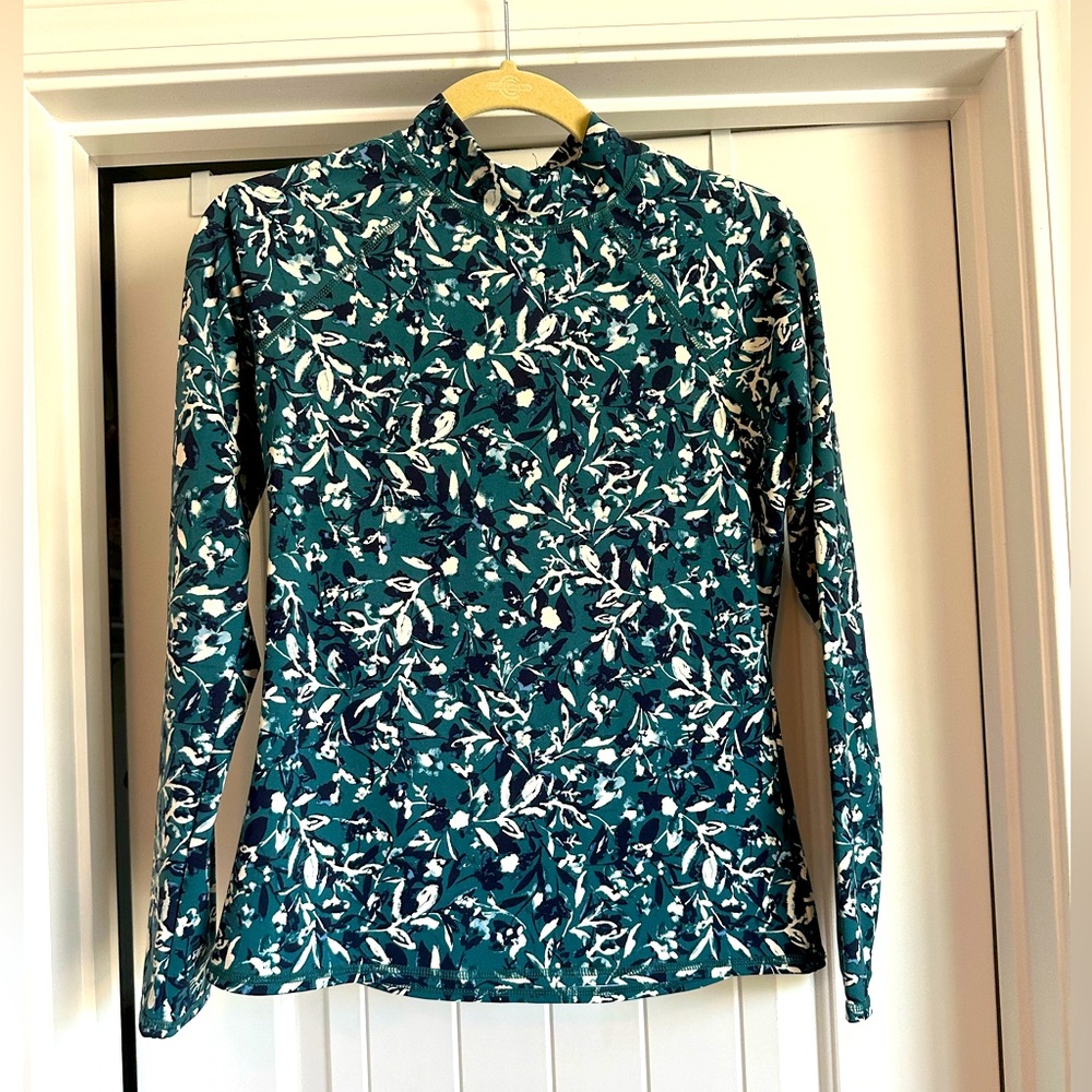 Women’s Garnet‎ Hill M Swim Mock Neck Quarter Zip Teal and Blue Flower Rashguard